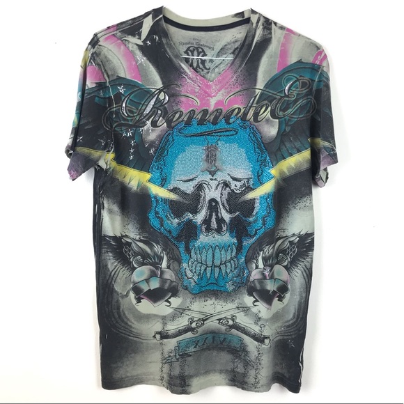Remetee Affliction crystal skull graphic t shirt S - Picture 9 of 9